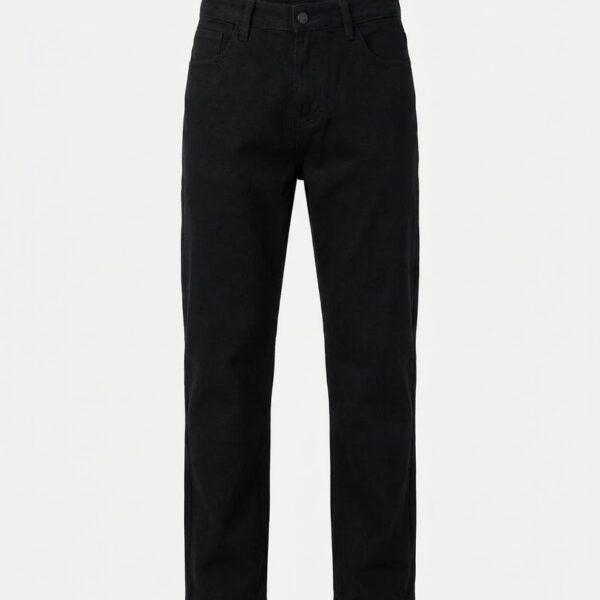 Black pure denim jeans for men, front view, waist sizes 28 to 42